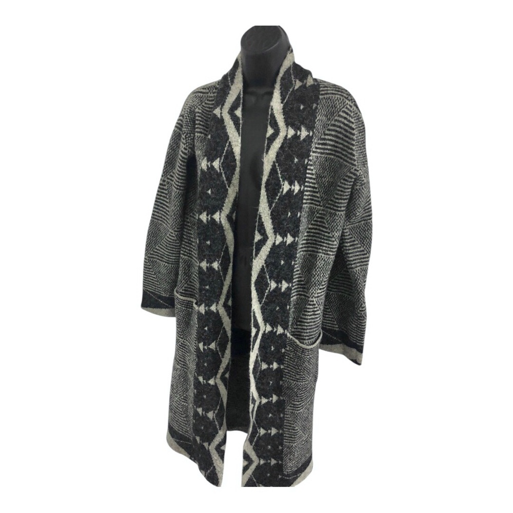 Cyrus gray black multi shawl‎ collar open front long cardigan size XS brand new